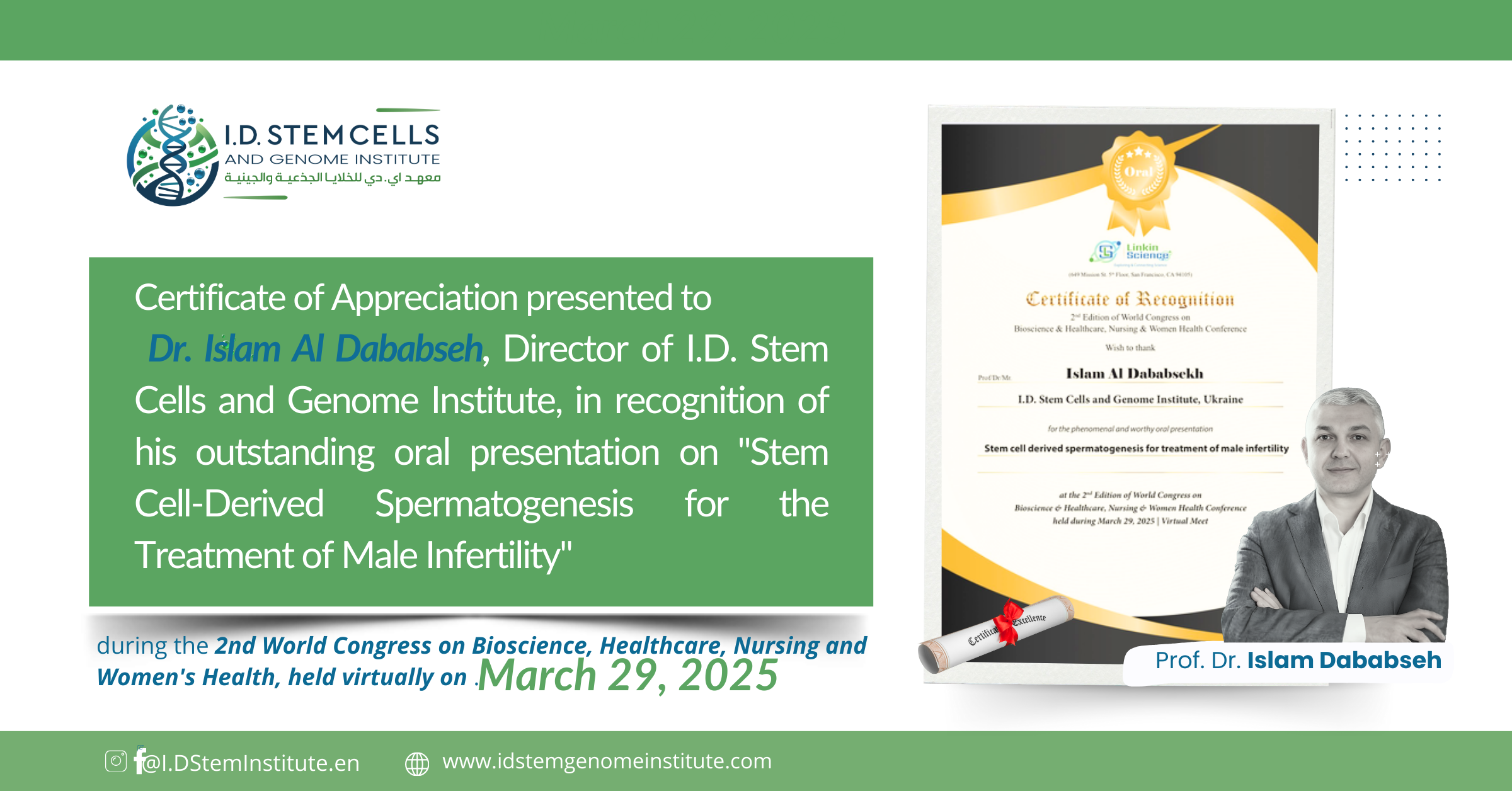 Certificate of Appreciation for Dr. Islam Al-Dababseh for His Distinguished Contributions to Stem Cell Treatment of Infertility